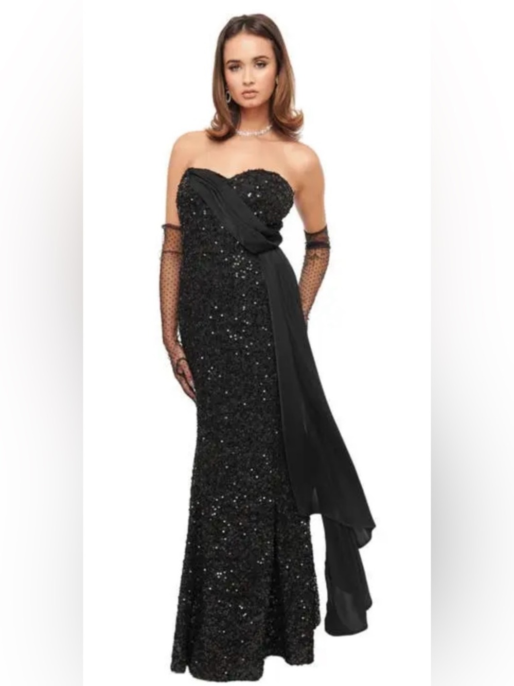 Unique Vintage NWT 30s Inspired Black Sequin Lace Mermaid Strapless Gown L